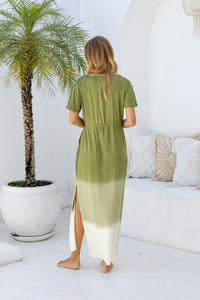 Womens Nadia Maxi Dress in khaki ombre finish, in soft lightweight rayon, with side splits, pockets and hand beaded detailing.