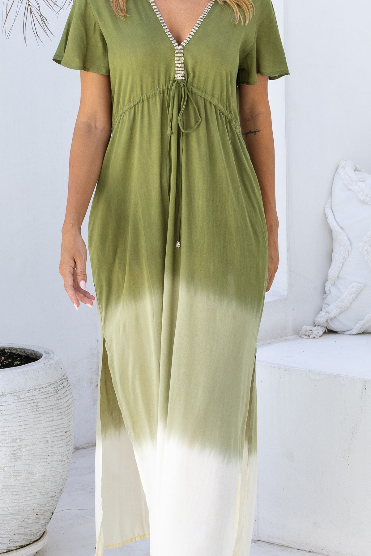Womens Nadia Maxi Dress in khaki ombre finish, in soft lightweight rayon, with side splits, pockets and hand beaded detailing.