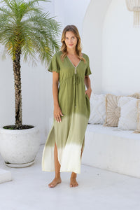 Womens Nadia Maxi Dress in khaki ombre finish, in soft lightweight rayon, with side splits, pockets and hand beaded detailing.