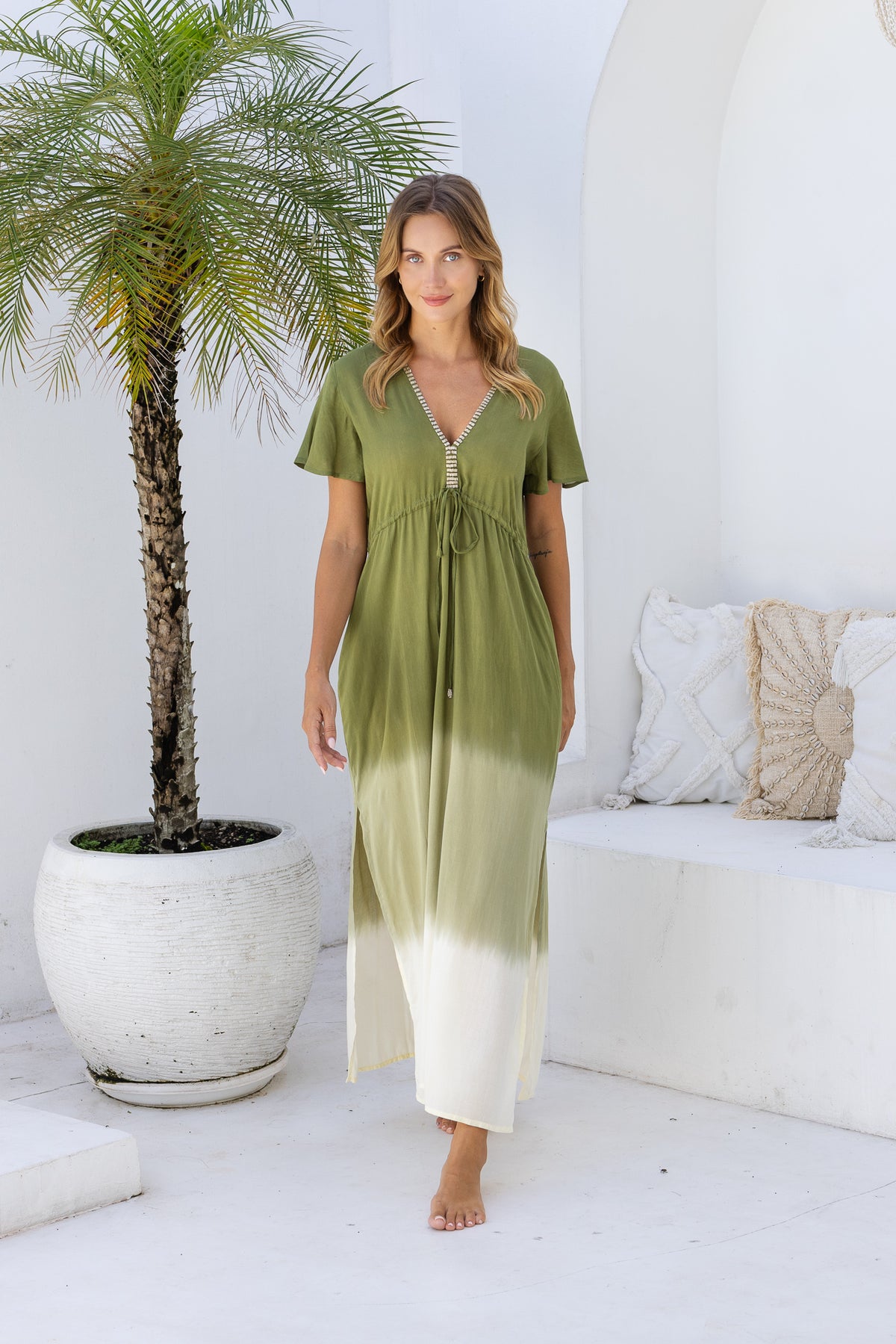 Womens Nadia Maxi Dress in khaki ombre finish, in soft lightweight rayon, with side splits, pockets and hand beaded detailing.