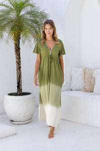 Womens Nadia Maxi Dress in khaki ombre finish, in soft lightweight rayon, with side splits, pockets and hand beaded detailing.