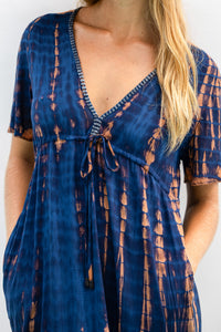 Womens Nadia Maxi Dress in navy and copper tie dye finish, in soft lightweight rayon, with side splits, pockets and hand beaded detailing.