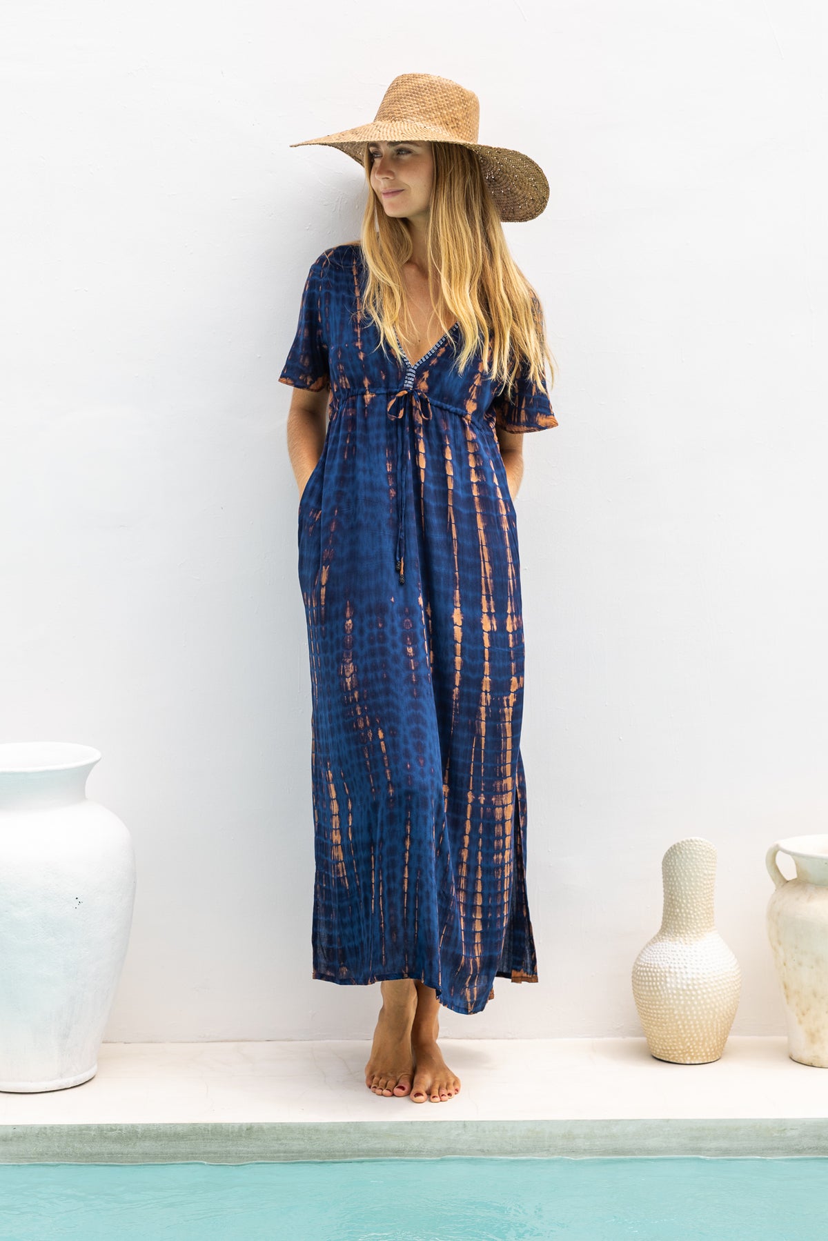 Womens Nadia Maxi Dress in navy and copper tie dye finish, in soft lightweight rayon, with side splits, pockets and hand beaded detailing.