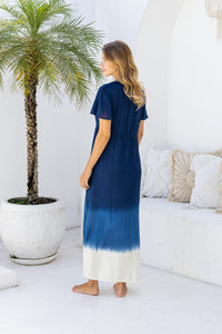 Womens Nadia Maxi Dress in navy ombre finish, in soft lightweight rayon, with side splits, pockets and hand beaded detailing.
