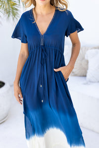 Womens Nadia Maxi Dress in navy ombre finish, in soft lightweight rayon, with side splits, pockets and hand beaded detailing.