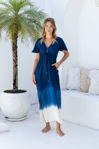 Womens Nadia Maxi Dress in navy ombre finish, in soft lightweight rayon, with side splits, pockets and hand beaded detailing.