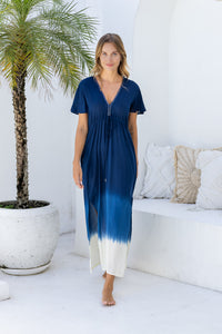 Womens Nadia Maxi Dress in navy ombre finish, in soft lightweight rayon, with side splits, pockets and hand beaded detailing.