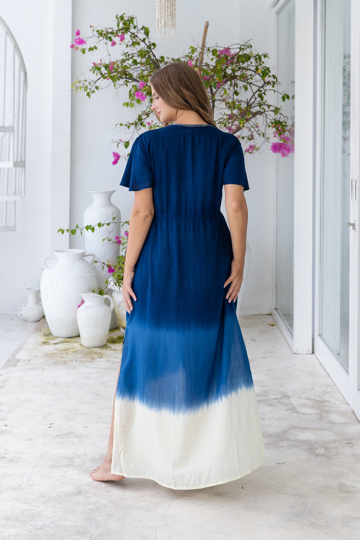 Womens Nadia Maxi Dress in navy ombre finish, in soft lightweight rayon, with side splits, pockets and hand beaded detailing. Plus size fit