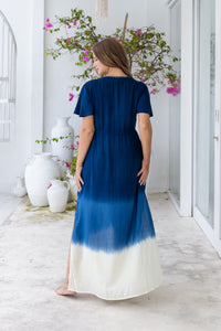 Womens Nadia Maxi Dress in navy ombre finish, in soft lightweight rayon, with side splits, pockets and hand beaded detailing. Plus size fit