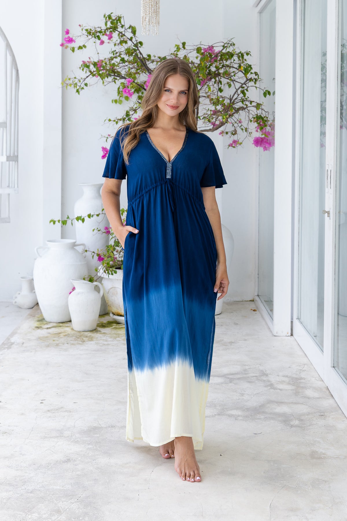Womens Nadia Maxi Dress in navy ombre finish, in soft lightweight rayon, with side splits, pockets and hand beaded detailing. Plus size fit.