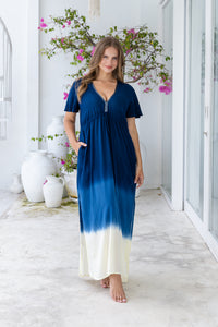 Womens Nadia Maxi Dress in navy ombre finish, in soft lightweight rayon, with side splits, pockets and hand beaded detailing. Plus size fit.