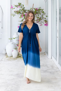 Womens Nadia Maxi Dress in navy ombre finish, in soft lightweight rayon, with side splits, pockets and hand beaded detailing. Plus size fit.