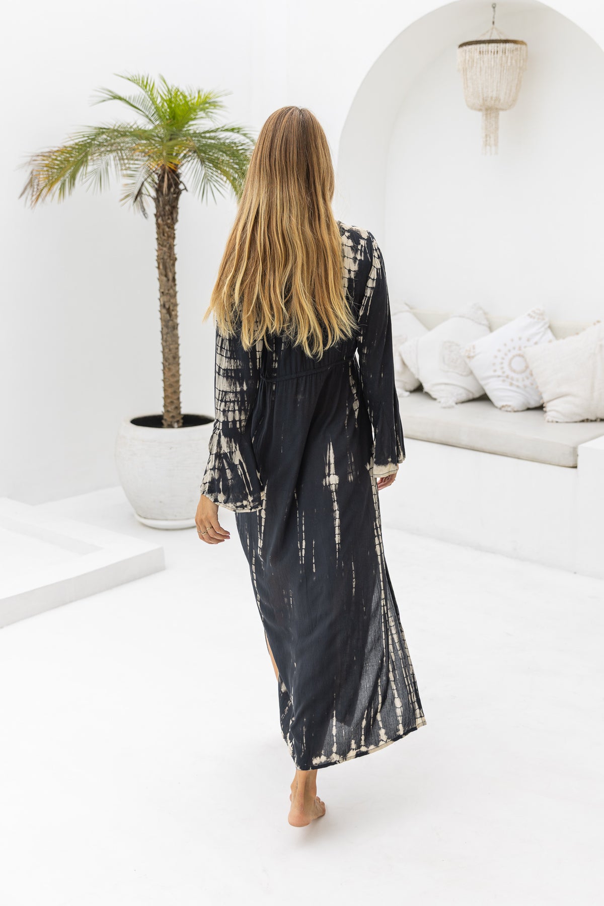 Womens Natalia Maxi Dress in black and cream tie dye finish, in soft lightweight rayon, with side splits, trumpet sleeves, pockets and hand beaded detailing.