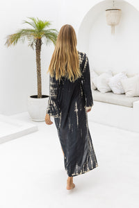 Womens Natalia Maxi Dress in black and cream tie dye finish, in soft lightweight rayon, with side splits, trumpet sleeves, pockets and hand beaded detailing.