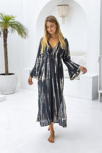 Womens Natalia Maxi Dress in black and cream tie dye finish, in soft lightweight rayon, with side splits, trumpet sleeves, pockets and hand beaded detailing.
