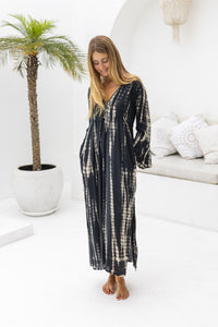 Womens Natalia Maxi Dress in black and cream tie dye finish, in soft lightweight rayon, with side splits, trumpet sleeves, pockets and hand beaded detailing.