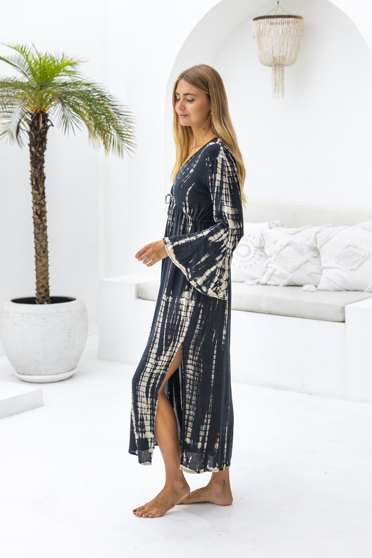 Womens Natalia Maxi Dress in black and cream tie dye finish, in soft lightweight rayon, with side splits, trumpet sleeves, pockets and hand beaded detailing.