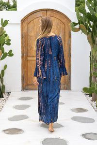 Womens Natalia Maxi Dress in navy and copper tie dye finish, in soft lightweight rayon, with side splits, trumpet sleeves, pockets and hand beaded detailing.
