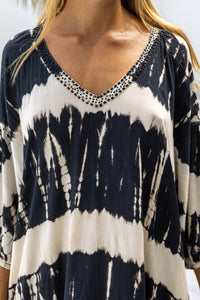 Womens Nikki Tunic Dress in black and cream tie dye finish, in soft lightweight rayon, 3/4 length sleeves, pockets and hand beaded detailing.