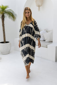 Womens Nikki Tunic Dress in black and cream tie dye finish, in soft lightweight rayon, 3/4 length sleeves, pockets and hand beaded detailing.