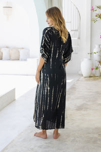 Womens Palmira Maxi Dress in is black and beige tie dye finish, in soft lightweight rayon, with side splits, pockets and hand beaded detailing.