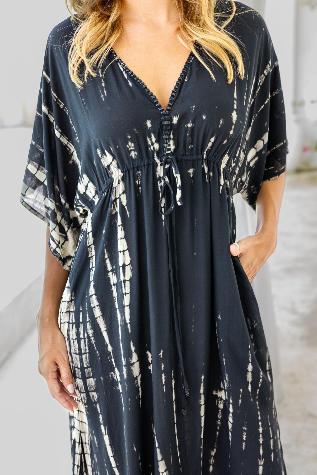 Womens Palmira Maxi Dress in is black and beige tie dye finish, in soft lightweight rayon, with side splits, pockets and hand beaded detailing.