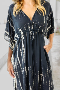 Womens Palmira Maxi Dress in is black and beige tie dye finish, in soft lightweight rayon, with side splits, pockets and hand beaded detailing.