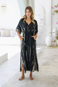 Womens Palmira Maxi Dress in is black and beige tie dye finish, in soft lightweight rayon, with side splits, pockets and hand beaded detailing.