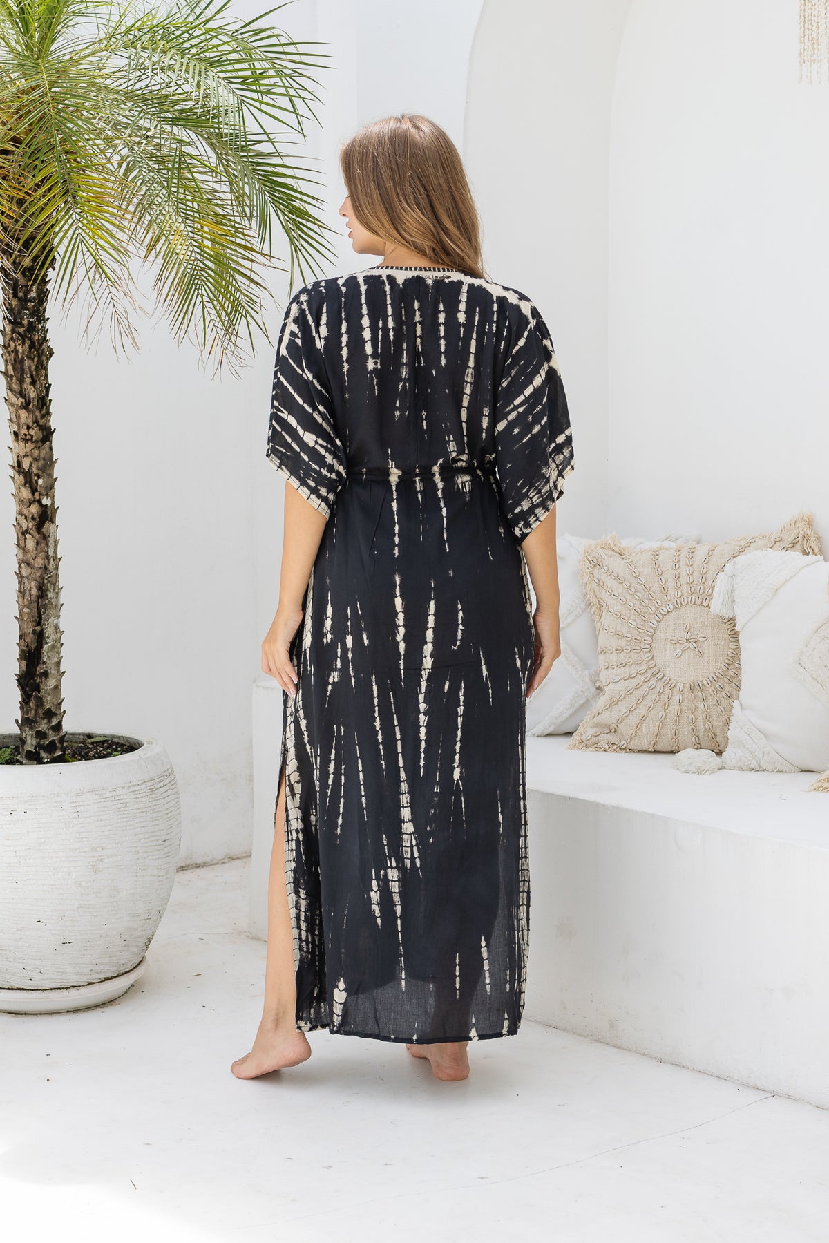 Womens Palmira Maxi Dress in is black and beige tie dye finish, in soft lightweight rayon, with side splits, pockets and hand beaded detailing. Plus size fit.