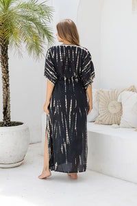 Womens Palmira Maxi Dress in is black and beige tie dye finish, in soft lightweight rayon, with side splits, pockets and hand beaded detailing. Plus size fit.