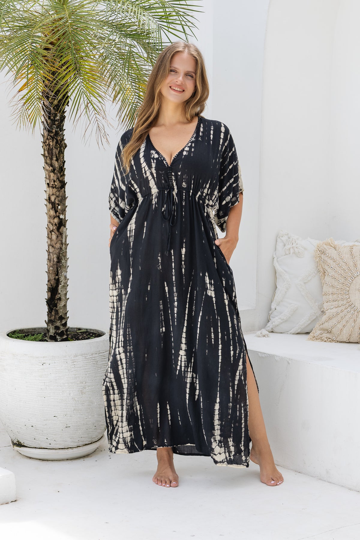 Womens Palmira Maxi Dress in is black and beige tie dye finish, in soft lightweight rayon, with side splits, pockets and hand beaded detailing. Plus size fit.