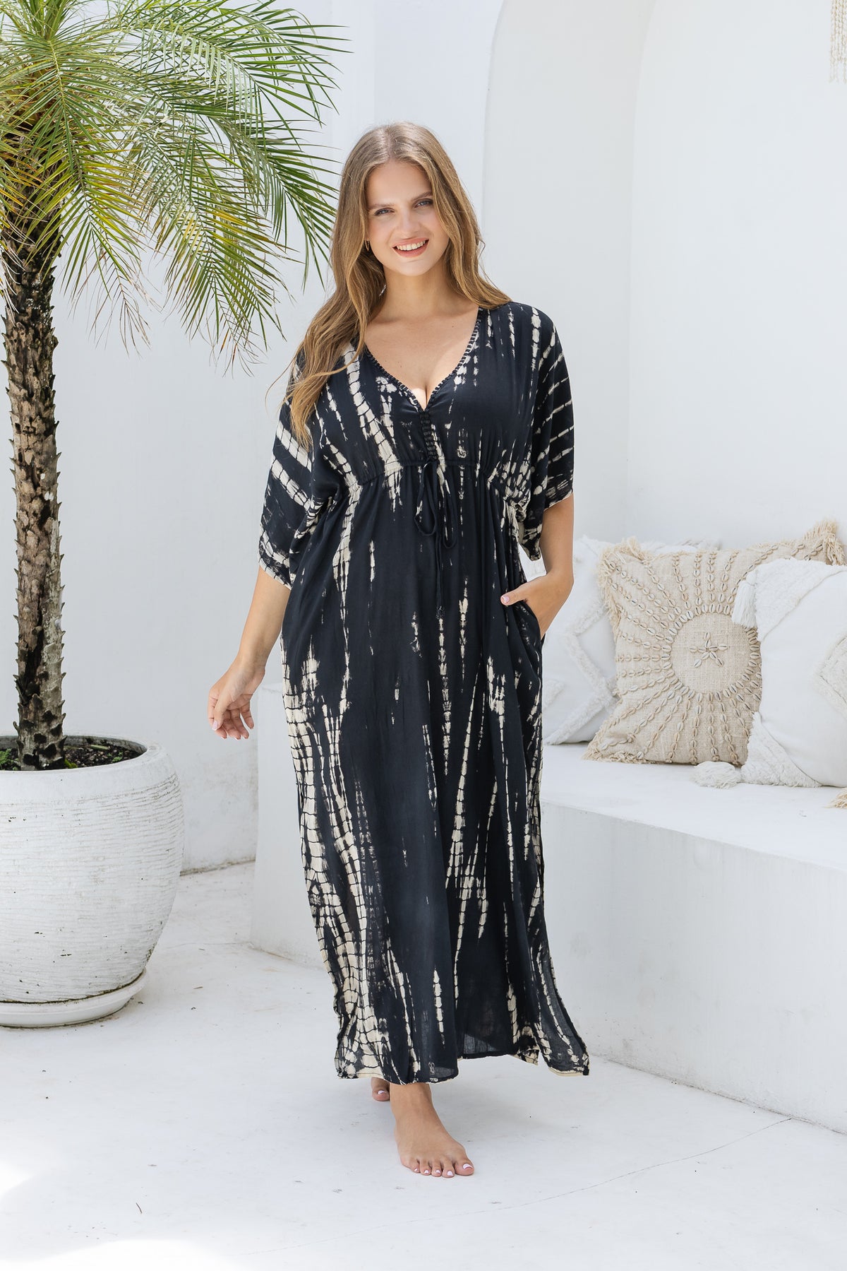 Womens Palmira Maxi Dress in is black and beige tie dye finish, in soft lightweight rayon, with side splits, pockets and hand beaded detailing. Plus size fit.