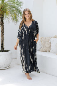 Womens Palmira Maxi Dress in is black and beige tie dye finish, in soft lightweight rayon, with side splits, pockets and hand beaded detailing. Plus size fit.