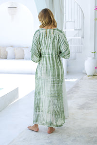 Womens Palmira Maxi Dress in is green and cream tie dye finish, in soft lightweight rayon, with side splits, pockets and hand beaded detailing.