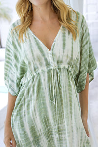 Womens Palmira Maxi Dress in is green and cream tie dye finish, in soft lightweight rayon, with side splits, pockets and hand beaded detailing.
