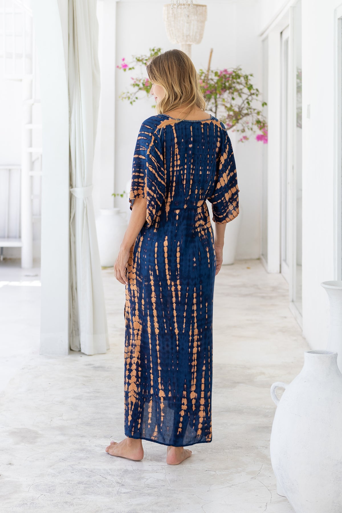 Womens Palmira Maxi Dress in is navy and copper tie dye finish, in soft lightweight rayon, with side splits, pockets and hand beaded detailing.