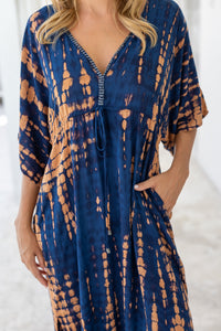 Womens Palmira Maxi Dress in is navy and copper tie dye finish, in soft lightweight rayon, with side splits, pockets and hand beaded detailing.