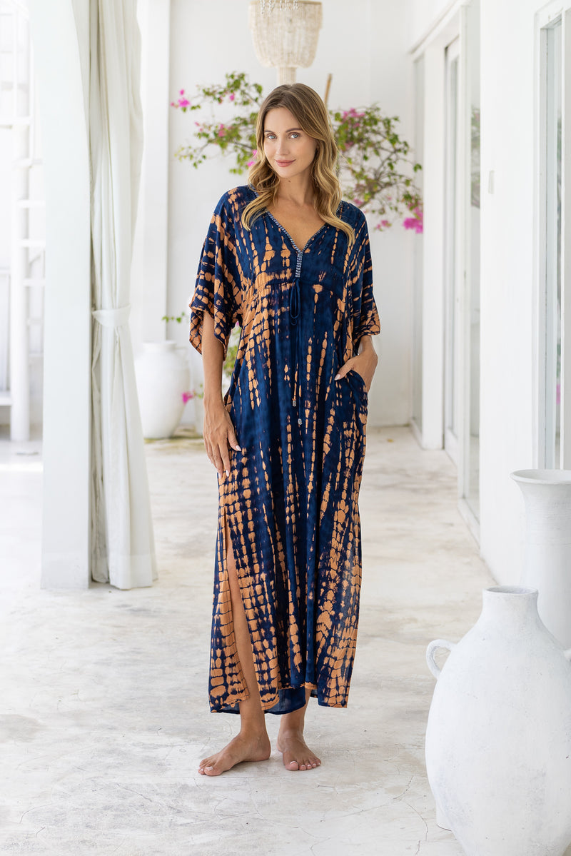 Womens Palmira Maxi Dress in is navy and copper tie dye finish, in soft lightweight rayon, with side splits, pockets and hand beaded detailing.