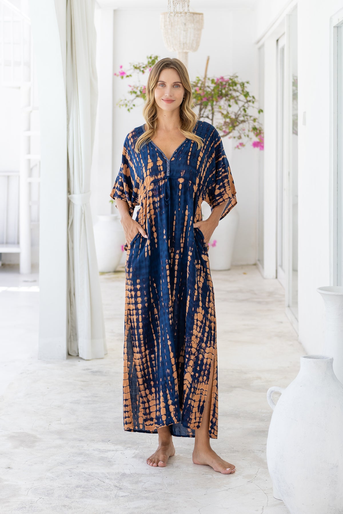 Womens Palmira Maxi Dress in is navy and copper tie dye finish, in soft lightweight rayon, with side splits, pockets and hand beaded detailing.