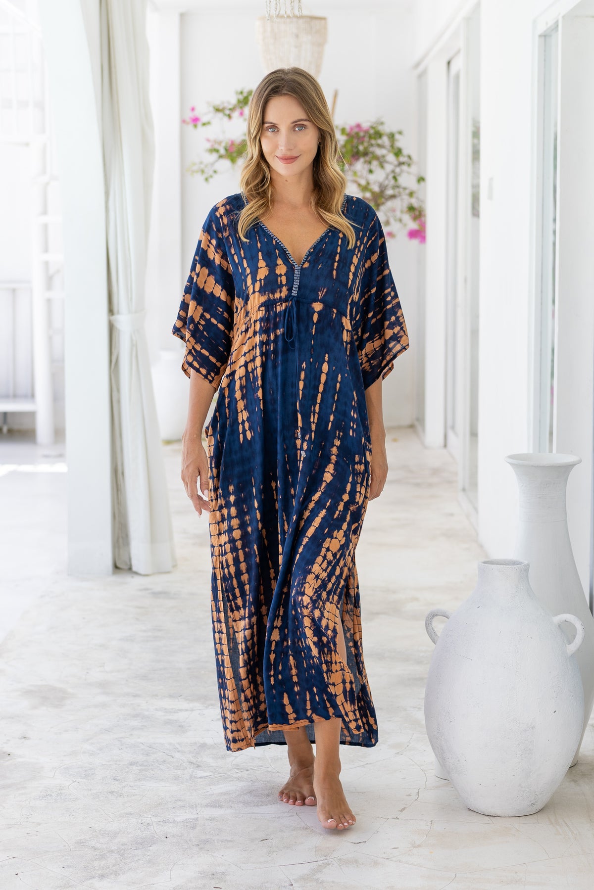 Womens Palmira Maxi Dress in is navy and copper tie dye finish, in soft lightweight rayon, with side splits, pockets and hand beaded detailing.
