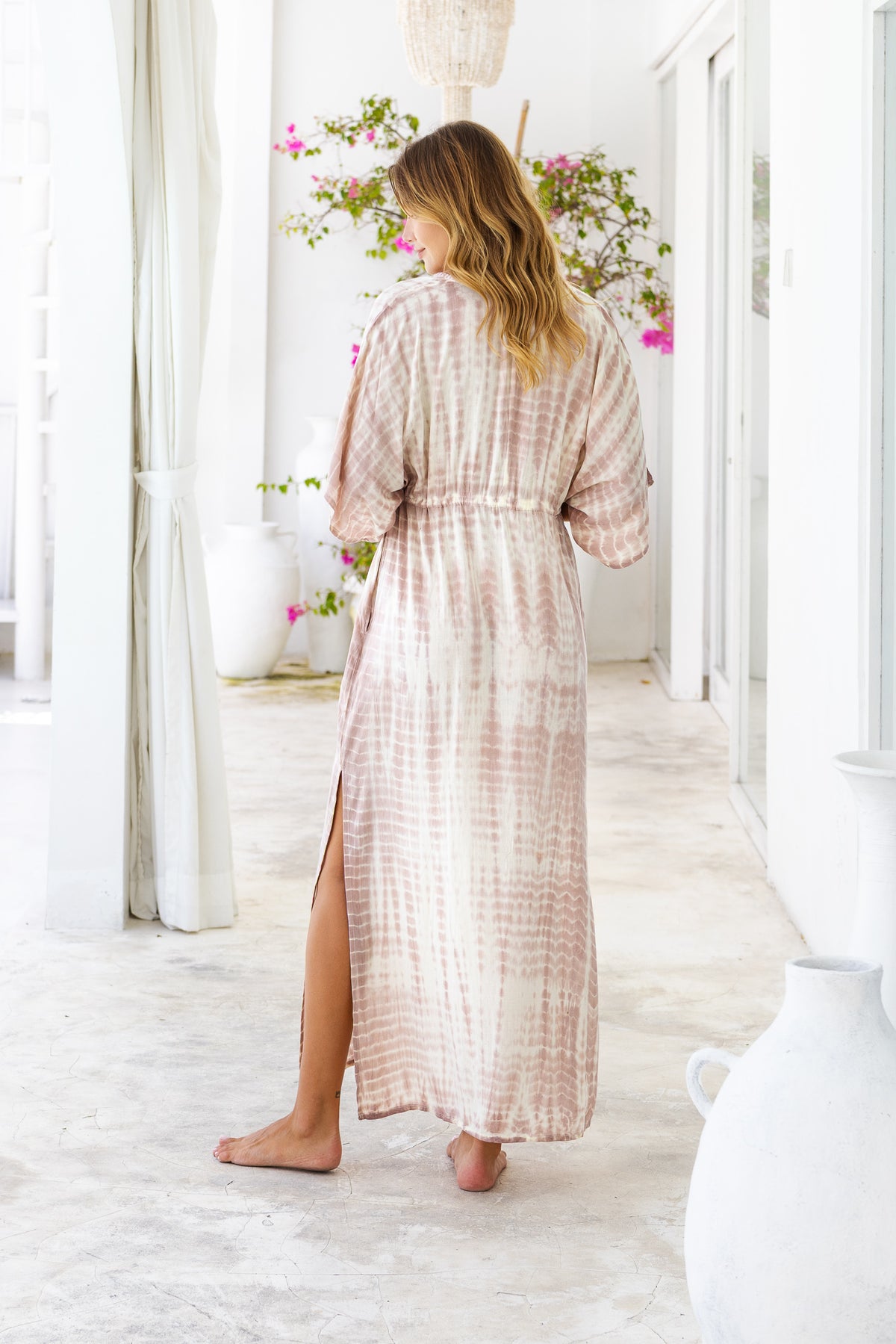 Womens Palmira Maxi Dress in is pink and cream tie dye finish, in soft lightweight rayon, with side splits, pockets and hand beaded detailing.