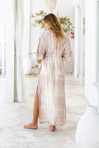 Womens Palmira Maxi Dress in is pink and cream tie dye finish, in soft lightweight rayon, with side splits, pockets and hand beaded detailing.