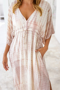 Womens Palmira Maxi Dress in is pink and cream tie dye finish, in soft lightweight rayon, with side splits, pockets and hand beaded detailing.