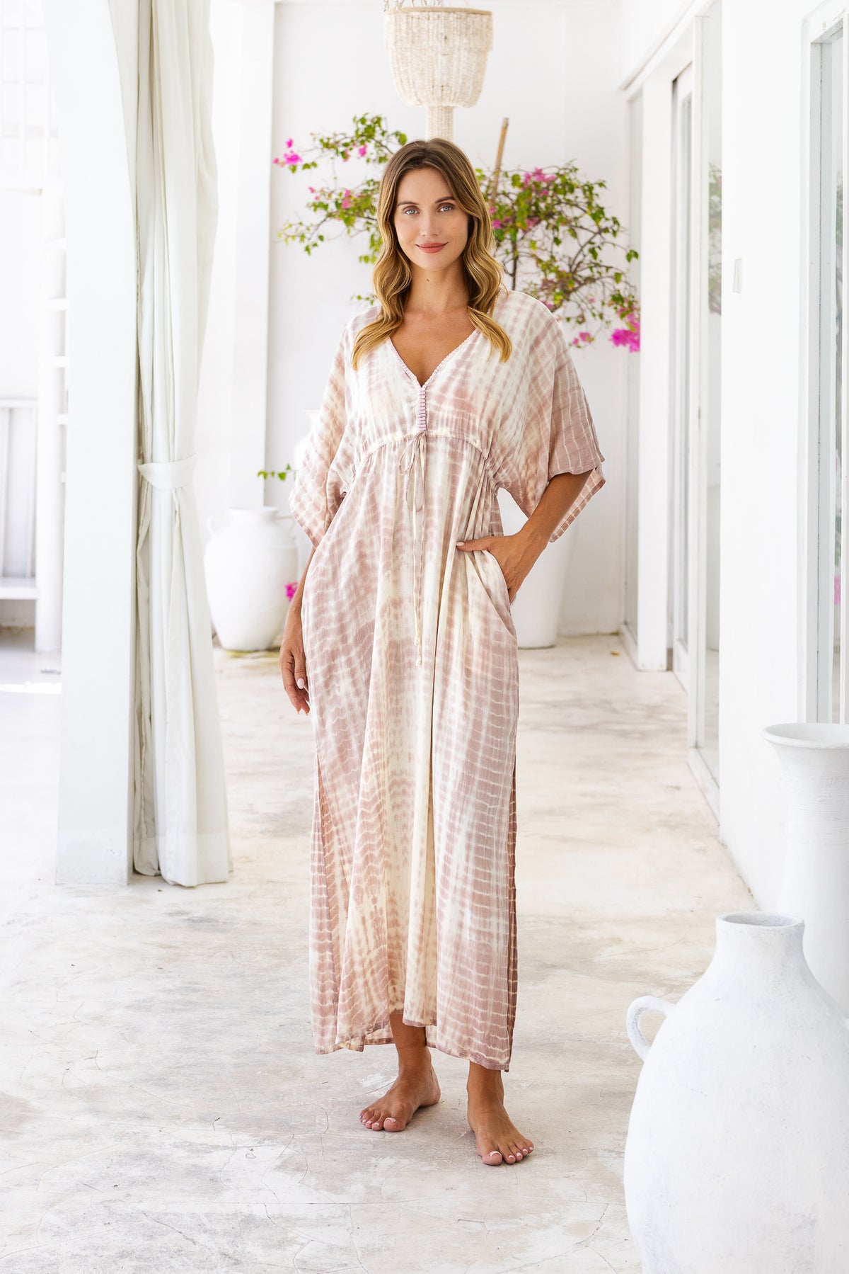Womens Palmira Maxi Dress in is pink and cream tie dye finish, in soft lightweight rayon, with side splits, pockets and hand beaded detailing.
