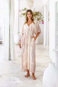 Womens Palmira Maxi Dress in is pink and cream tie dye finish, in soft lightweight rayon, with side splits, pockets and hand beaded detailing.