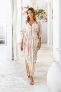 Womens Palmira Maxi Dress in is pink and cream tie dye finish, in soft lightweight rayon, with side splits, pockets and hand beaded detailing.