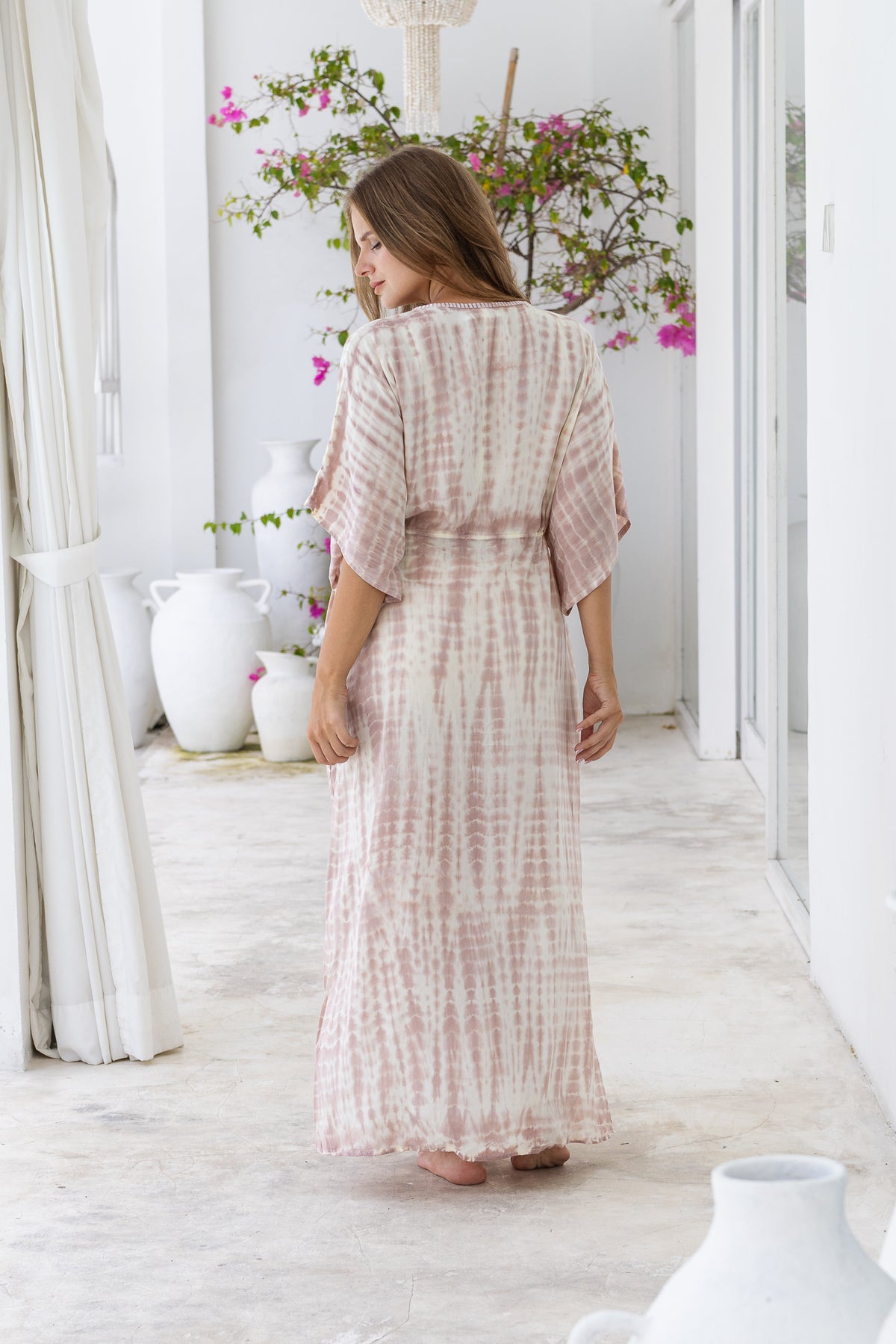 Womens Palmira Maxi Dress in is pink and cream tie dye finish, in soft lightweight rayon, with side splits, pockets and hand beaded detailing. Plus size fit.