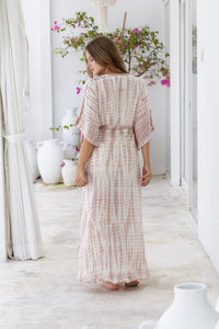 Womens Palmira Maxi Dress in is pink and cream tie dye finish, in soft lightweight rayon, with side splits, pockets and hand beaded detailing. Plus size fit.