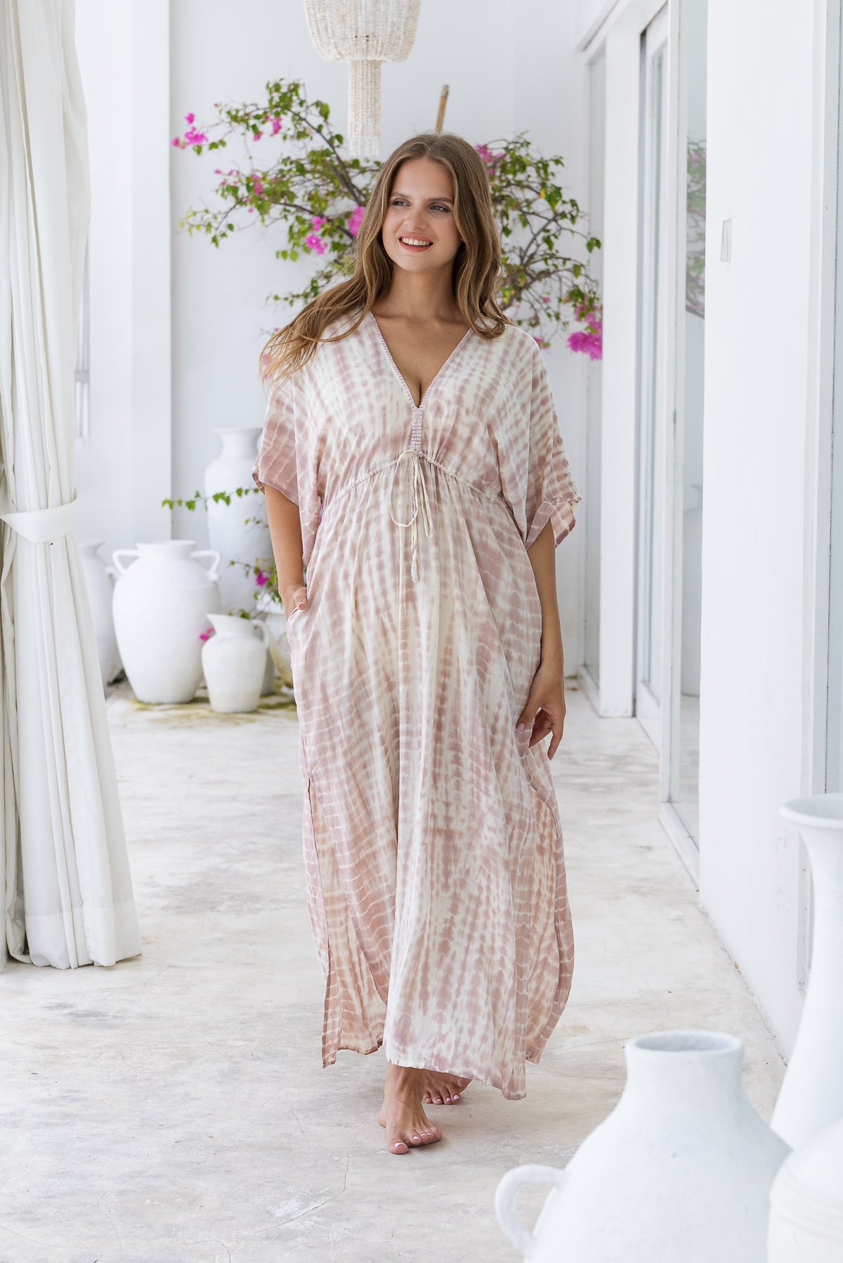 Womens Palmira Maxi Dress in is pink and cream tie dye finish, in soft lightweight rayon, with side splits, pockets and hand beaded detailing. Plus size fit.