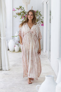 Womens Palmira Maxi Dress in is pink and cream tie dye finish, in soft lightweight rayon, with side splits, pockets and hand beaded detailing. Plus size fit.